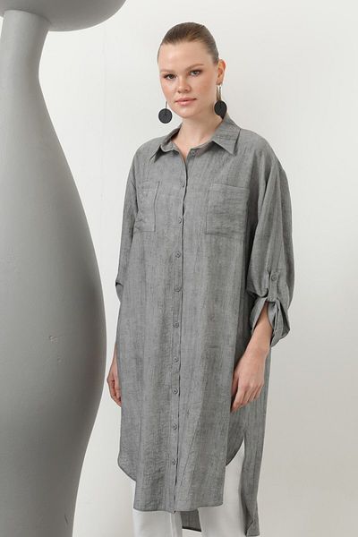 Puane Women's Shirt Collar Long Tunic with Front Pocket and Robe at the Back - 10639