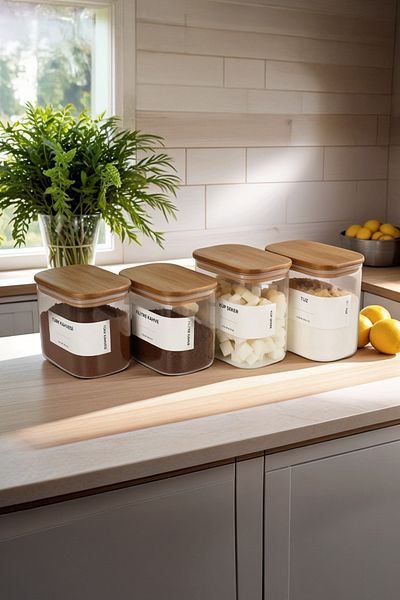 color house 4 Pieces Coffee Pot Sugar Bowl Rectangular Natural Bamboo Cover Borosilicate Glass Countertop Jar - B02