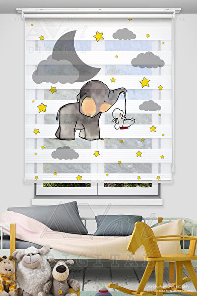Avart Digital Sevimli Fil Ve Tavşan Baskılı Perde - Çocuk Odası Perdesi - Bas...