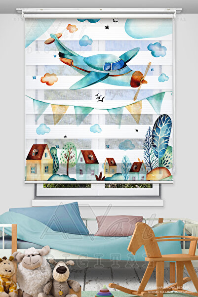 Avart Digital Uçak Desenli Çocuk Odası Perdesi - Baskılı Zebra Perde