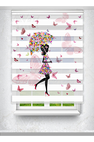 Avart Digital Şemsiyeli Kız Ve Kelebek Baskılı Berde - Baskılı Zebra Perde