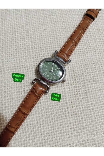 Brality Real Leather Cord.. Women's Oval Wristwatch Tan Color Vintage New Season Silver Case Green Dial 0057