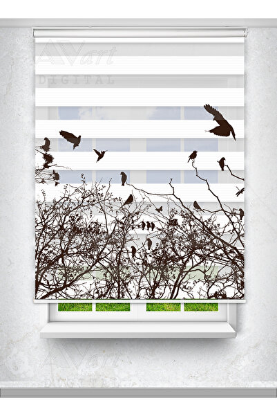 Avart Digital Ağaç Kuş Silüeti Desenli Perde - Baskılı Zebra Perde