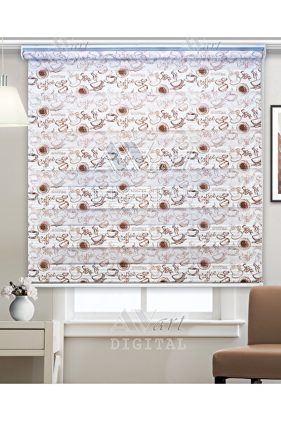 Avart Digital Kahve Ve Fincan Baskılı Zebra Perde - Coffee Mutfak Perdesi - D...