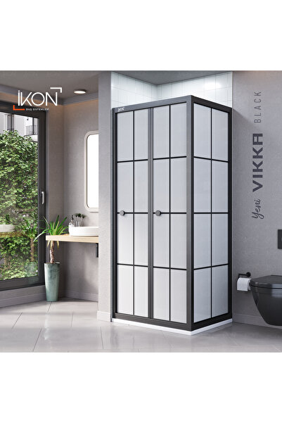İkon store VİKKA | Siyah, Karolaj Buzlu Cam, Katlanır, Sabit Panelli Duşakabin