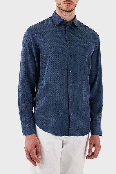 Emporio Armani Silk and Cotton Blended Regular Fit Self Patterned Shirt Men's Shirt Em000081 Af