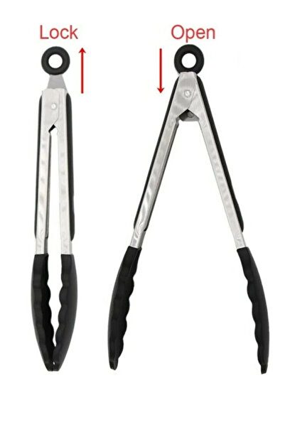 Home Cedric Metal Handle Service Tongs with Lock System and Silicone Tip Black 26 cm