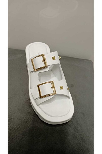 Mammamia 1545 Real Leather Troc Detailed Buckle Banded Flat Sole Orthopedic Women's Slippers