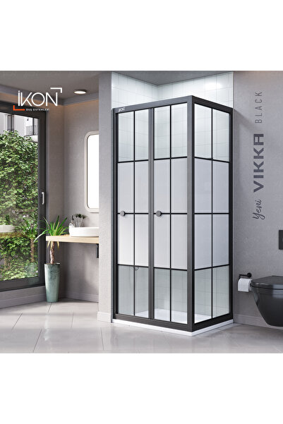 İkon store VİKKA | Siyah, Karolaj Buzlu Cam, Katlanır, Sabit Panelli Duşakabin