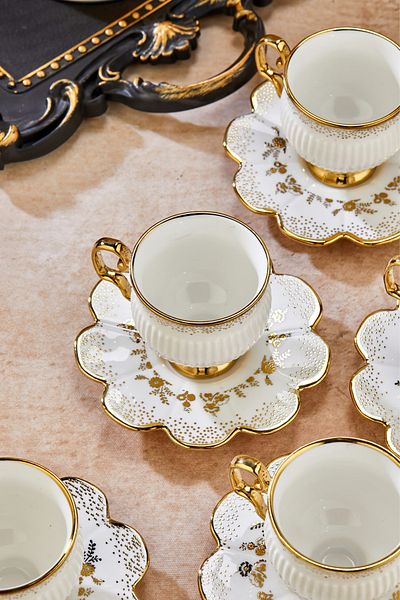 Yaren Style 90 ml Porcelain 6-Piece Coffee Cup Set - Stylish Design Gold Gilded Modern Cup Set