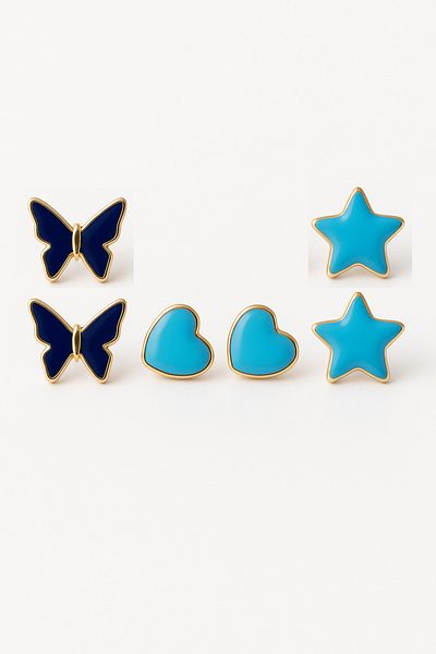 MakeWell 925S Silver Needle Star Heart & Butterfly Design Blue Red Brown Black Stud Earrings