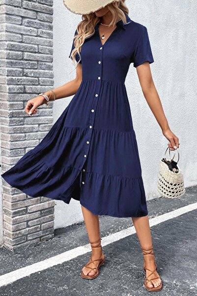 Madmext Lacivert Gömlek Yaka Uzun Elbise MG1853