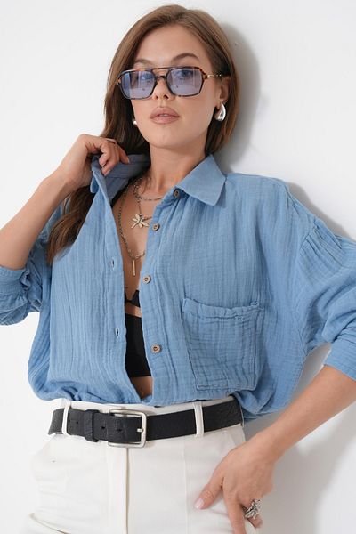 QAWWA Cămașă oversize și cu mâneci lungi și culoare uni și cu nasturi pentru femei
