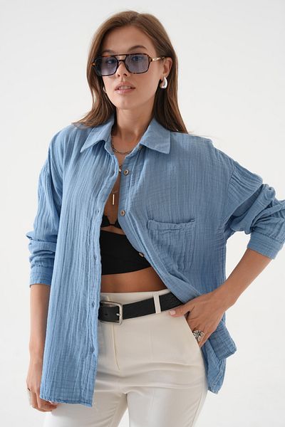 QAWWA Cămașă oversize și cu mâneci lungi și culoare uni și cu nasturi pentru femei