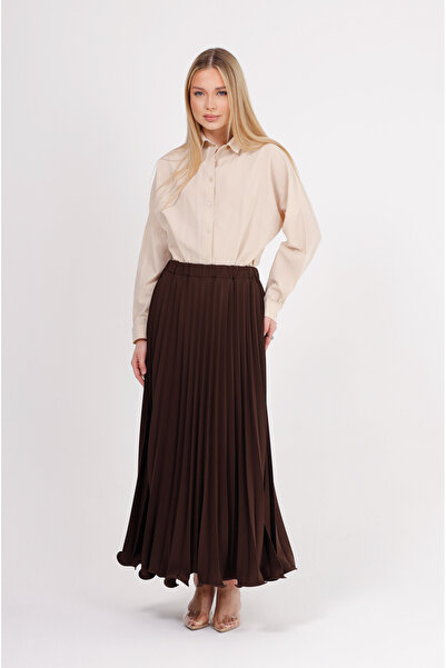 GAVLİA Σατέν Σκούρο Καφέ Πλισέ Μακριά Φούστα