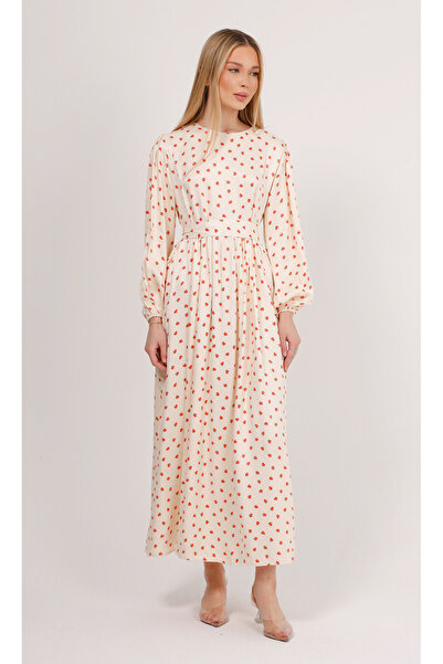 GAVLİA Φόρεμα με ζώνη με σχέδιο φράουλα σε κρεμ χρώμα