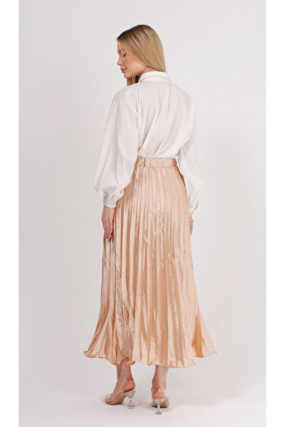 GAVLİA Σατέν Μπεζ Πλισέ Μακριά Φούστα