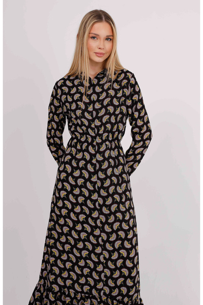 GAVLİA Φόρεμα με μαύρο φλοράλ σχέδιο με ελαστική μέση και πουκάμισο γιακά