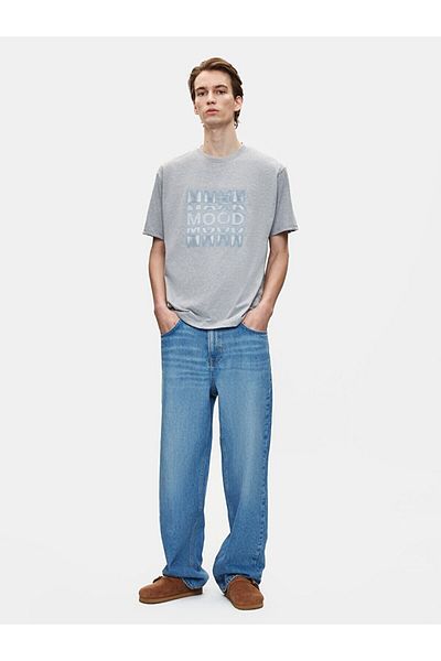 Ltb Basic Slogan Printed Crew Neck Loose Gray T-Shirt