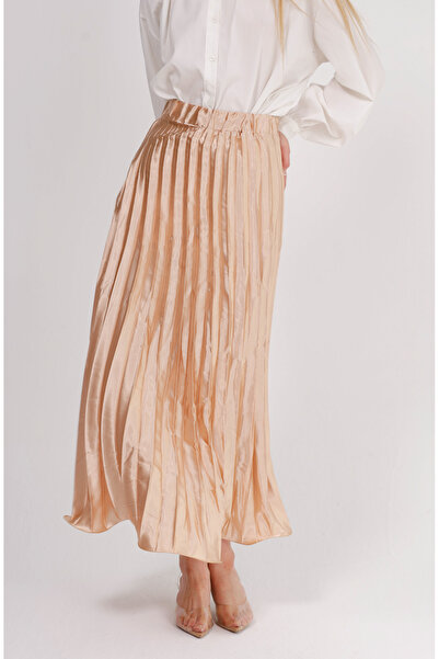 GAVLİA Σατέν Μπεζ Πλισέ Μακριά Φούστα