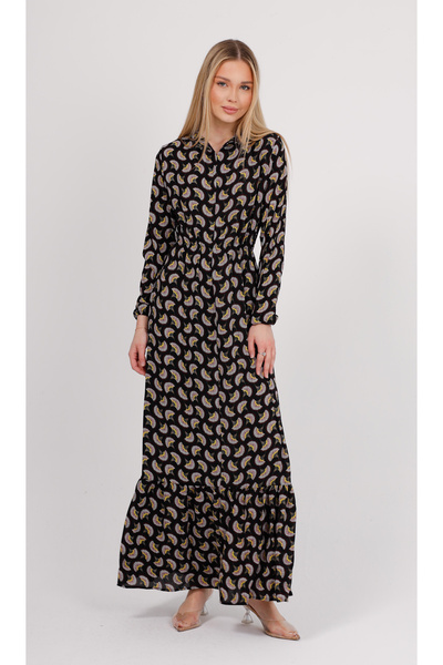 GAVLİA Φόρεμα με μαύρο φλοράλ σχέδιο με ελαστική μέση και πουκάμισο γιακά