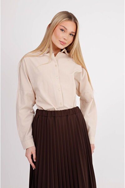 GAVLİA Σατέν Σκούρο Καφέ Πλισέ Μακριά Φούστα