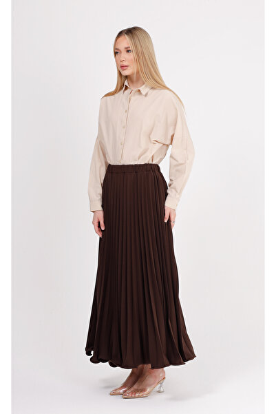 GAVLİA Σατέν Σκούρο Καφέ Πλισέ Μακριά Φούστα