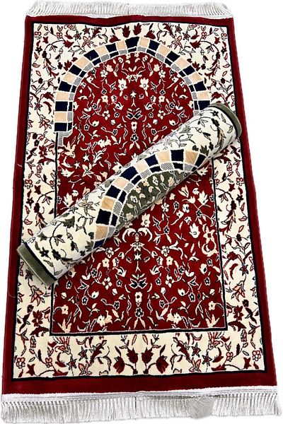 Generic Two-piece red and green prayer rug, resembling the rugs of the Holy Rawdah