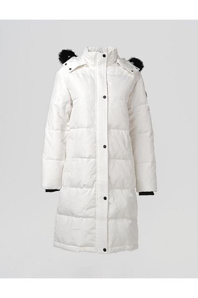 Kayra Quilted Stand Collar Hooded Fur Coat Optical White