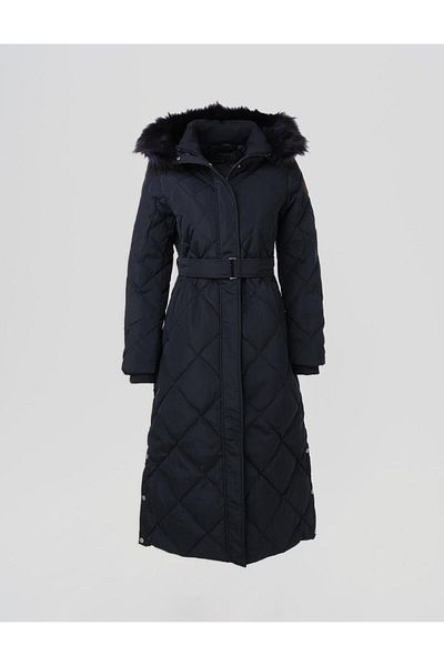 Kayra Diamond Patterned Faux Fur Goose down Coat Navy Blue