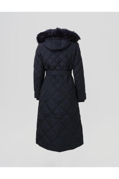 Kayra Diamond Patterned Faux Fur Goose down Coat Navy Blue