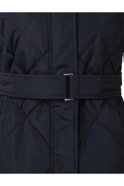 Kayra Diamond Patterned Faux Fur Goose down Coat Navy Blue