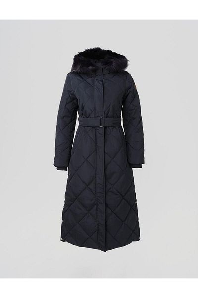 Kayra Diamond Patterned Faux Fur Goose down Coat Navy Blue