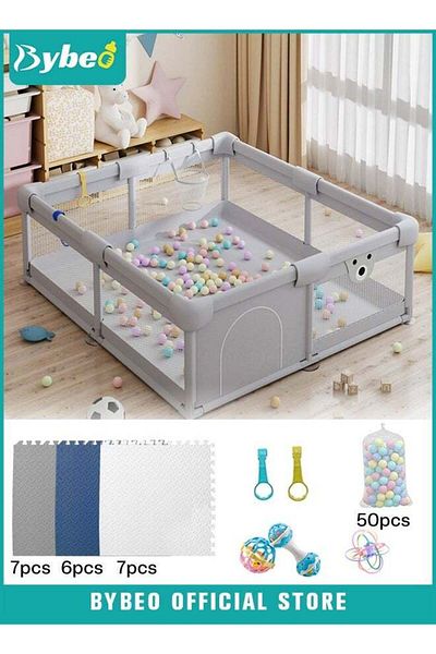 BYBEO Baby Playpen Fence With Playmat, Infant Indoor And Outdoor Kids Activity Center With 50 Pieces Ocean