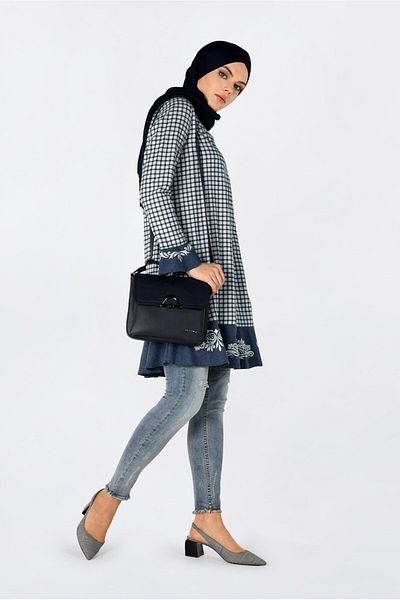 Alvina 4793 Model Gingham Pattern - Flounce Skirt and Embroidered Tunic