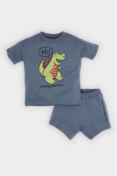 DeFacto Dinosaur Printed Light Indigo Baby Boy Top and Bottom Set E1152A5/In13
