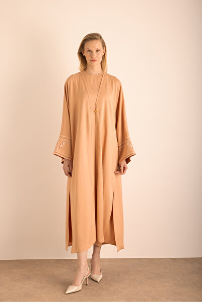 Aker Kolu Nakış Detaylı Viscon Keten Kımono