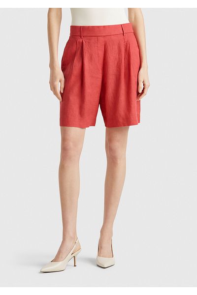 United Colors of Benetton Women's Coral 100% Linen Back Waist Elastic Pleated Relax Fit Bermuda Shorts