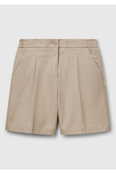 United Colors of Benetton Women's Beige Stretch Cotton Straight Fit Bermuda Shorts with Elastic Back Waist