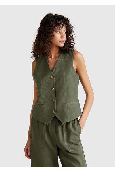 United Colors of Benetton Women's Khaki 100% Linen Front Button Buttoned V-Neck Vest