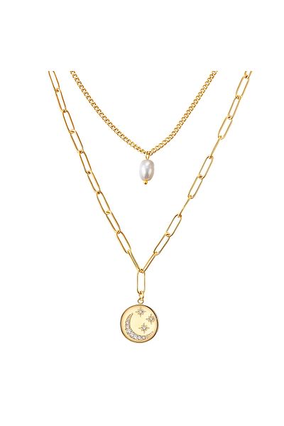 Valero Pearls Edelstahlhalskette Kette Edelstahl Gelbgold Süßwasser-zuchtperle Weiß Preciosa Weiß