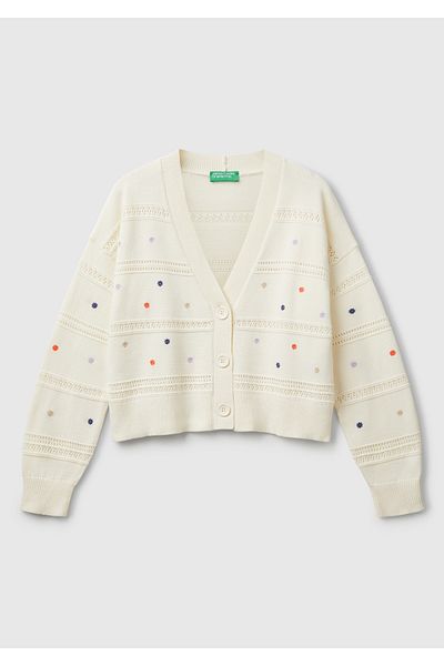 United Colors of Benetton Women's Cream 100% Cotton Floral Embroidered Rib Detailed Off-Shoulder Cardigan
