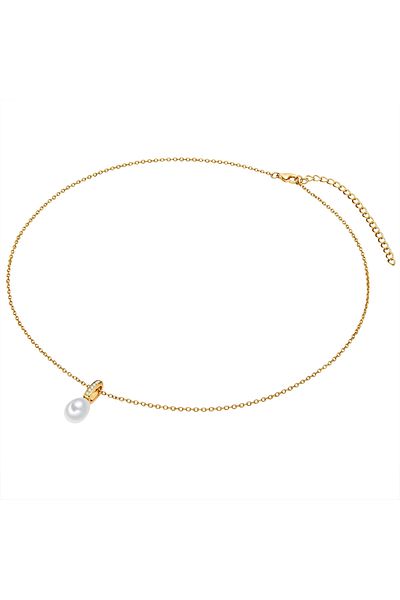 Valero Pearls Silberhalskette Kette Mit Anhänger Sterling Silber Gelbgold Süßwasser-zuchtperle Weiß Zirkonia Weiß