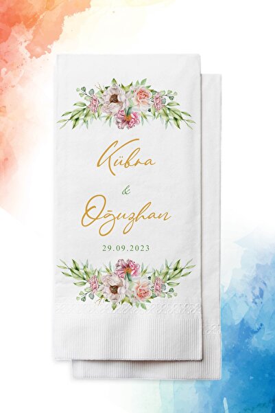 nna tasarım 50 Adet Pembe Gül Figürlü Kişiye Özel Isim Baskılı Söz Düğün,nişan Peçetesi (P05-50)