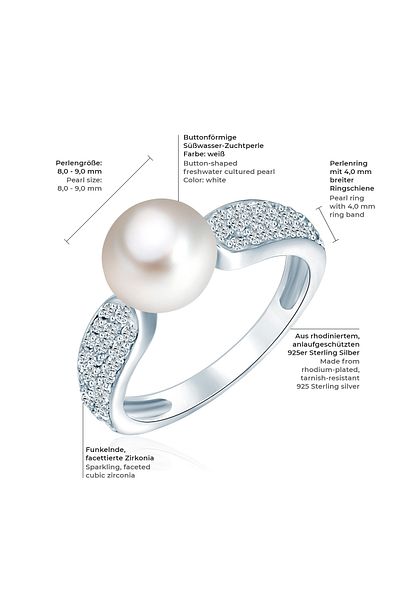 Valero Pearls Perlenring Ring Sterling Silber Süßwasser-zuchtperle Weiß Zirkonia Weiß