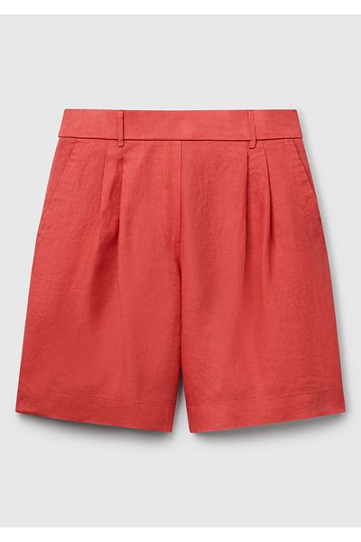 United Colors of Benetton Women's Coral 100% Linen Back Waist Elastic Pleated Relax Fit Bermuda Shorts