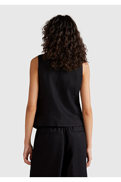 United Colors of Benetton Women's Black 100% Linen Front Button Buttoned V-Neck Vest