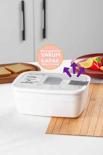 Porsima 3192 Vacuum Self-Feeding Lunch Box with Spoon, Fork and Sauce Bowl - 2-Tier Lunch Box - Lunch Box