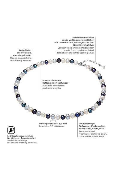 Valero Pearls Perlenhalskette Kette Sterling Silber Süßwasser-zuchtperle Multicolor