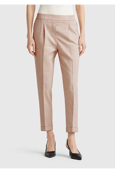 United Colors of Benetton Women's Beige Cotton and Linen Blended Thin Striped Regular Fit Pants